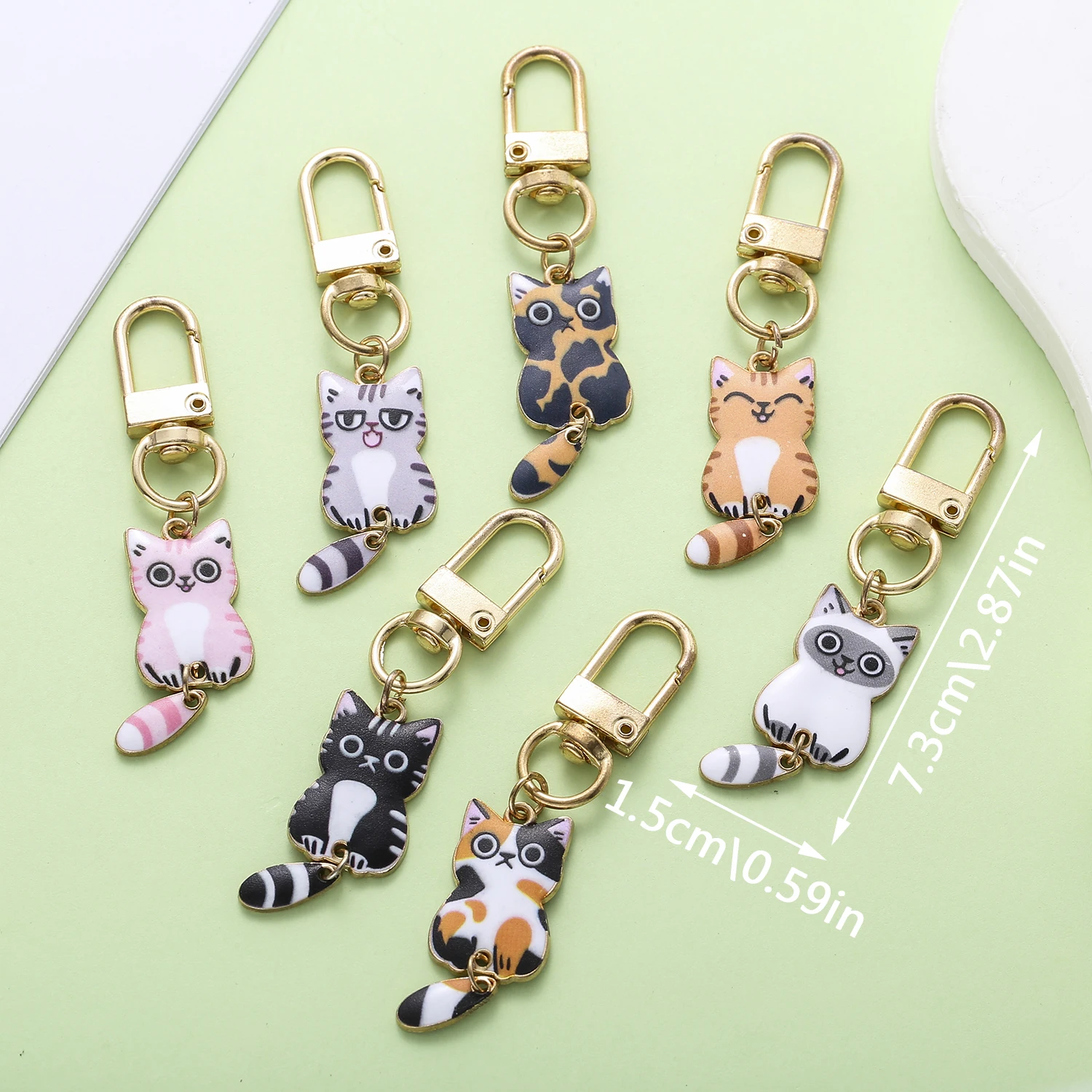 7pcs Cartoon Cute Enamel Cat Keychain, Alloy Animal Key Ring, For Car Keys, Backpacks, Wallets