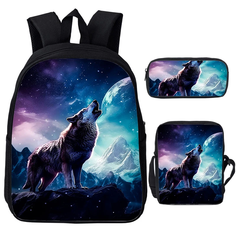 Galaxy Wolf Backpack Shoulder Bag Pencil Case Animals Tiger Lion Schoolbag Student Canvas Bag Girls Boys Bookbag Travel Daypack