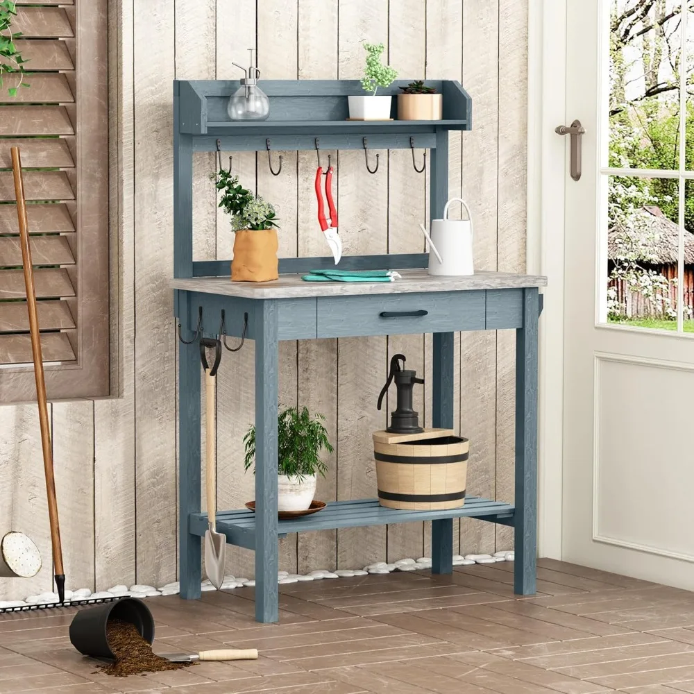 

Outdoor Potting Bench Table with Metal Tabletop,Planting Table Potting Work Station with Storage Drawer and Removable Shelf Rack