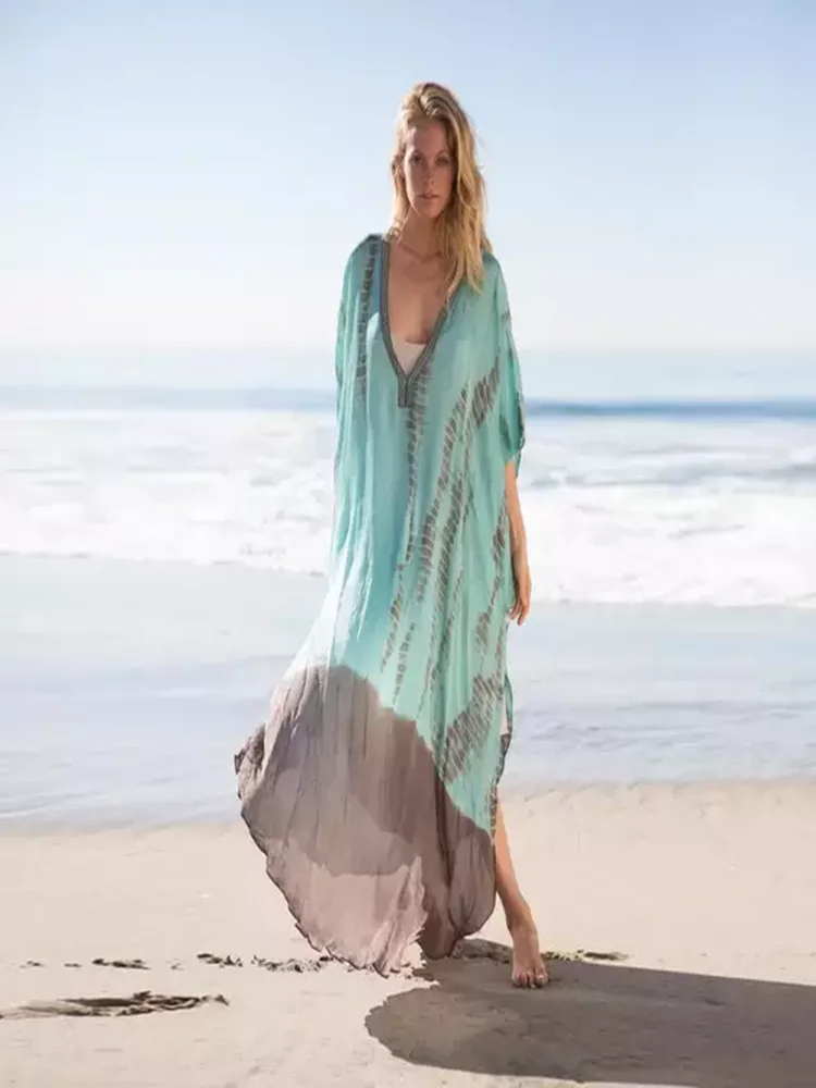 Plus Size Boho Cover Up Women s Plus Colorblock Tie Dye Bat Sleeve V Neck Round Hem Maxi Beachwear Cover Up