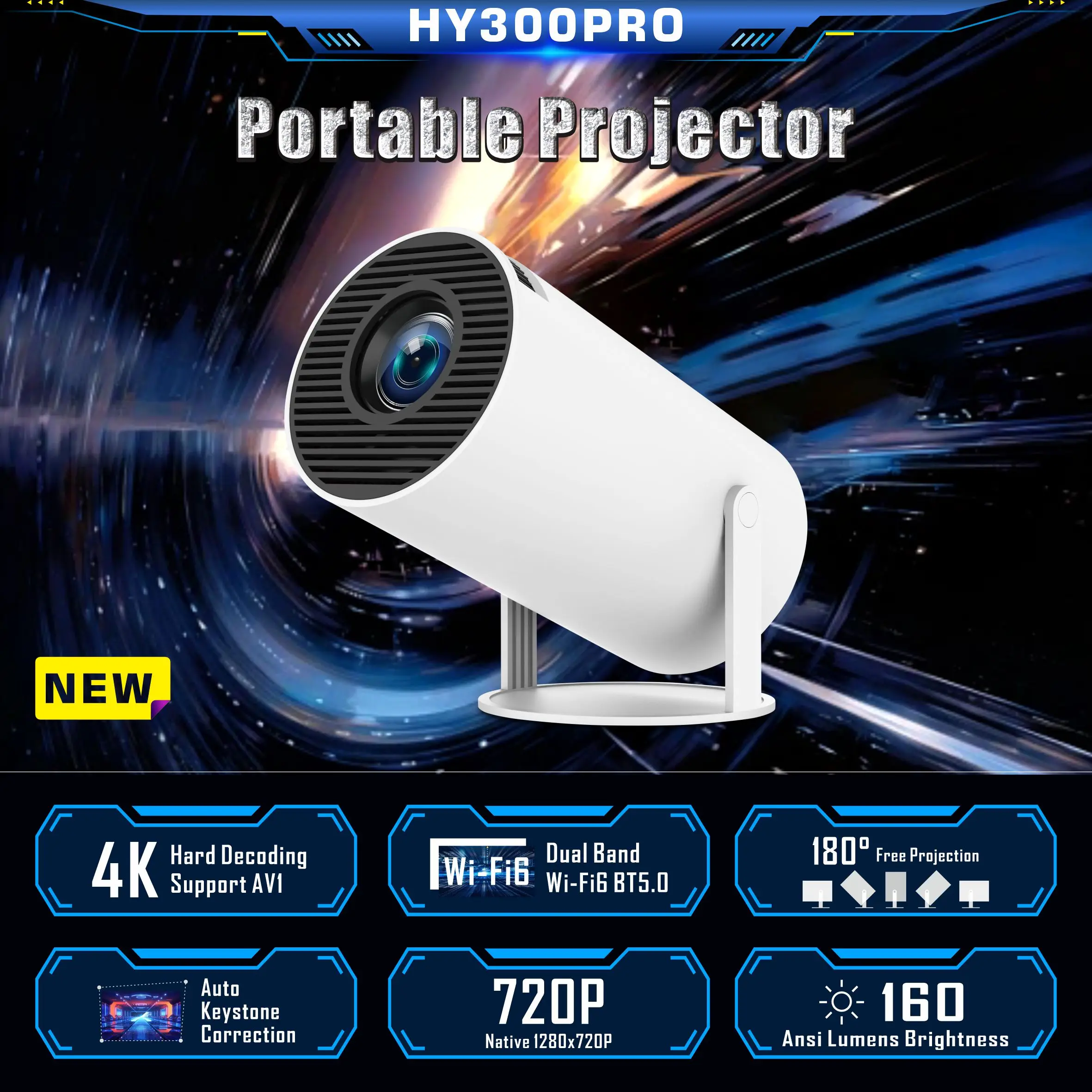 HY300 Pro Android 11 Portable Outdoor Projector Allwinner H713 Quad Core 2.4G/5G Dual WIFI BT5.0 WIFI6 Support 4K Video Decoding