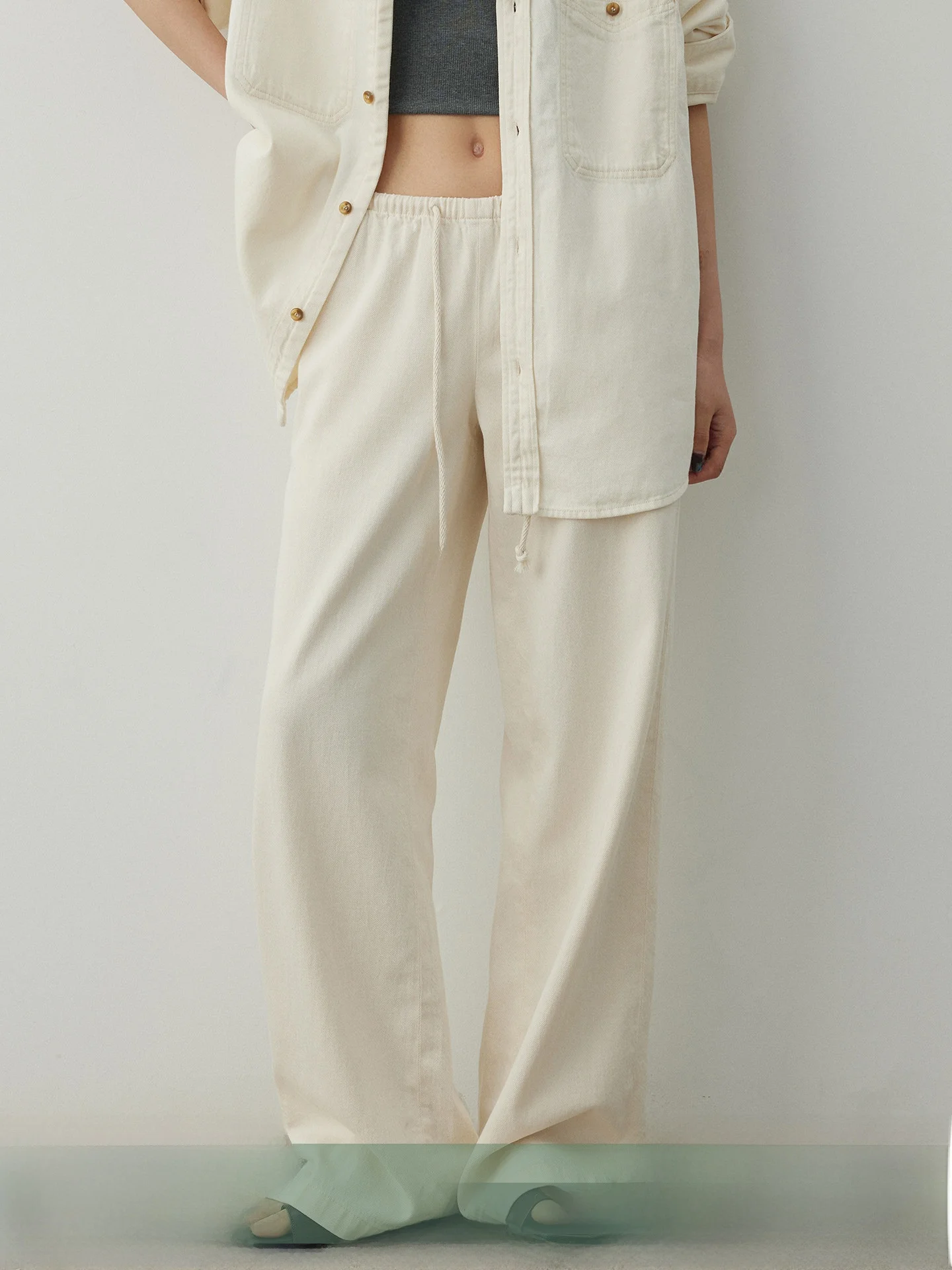 

KEARA Retro Mid-Low Waist Dstring Denim Straight Leg Pants Women's Spring 2026 New Drapey Versatile Floor-Length Trousers