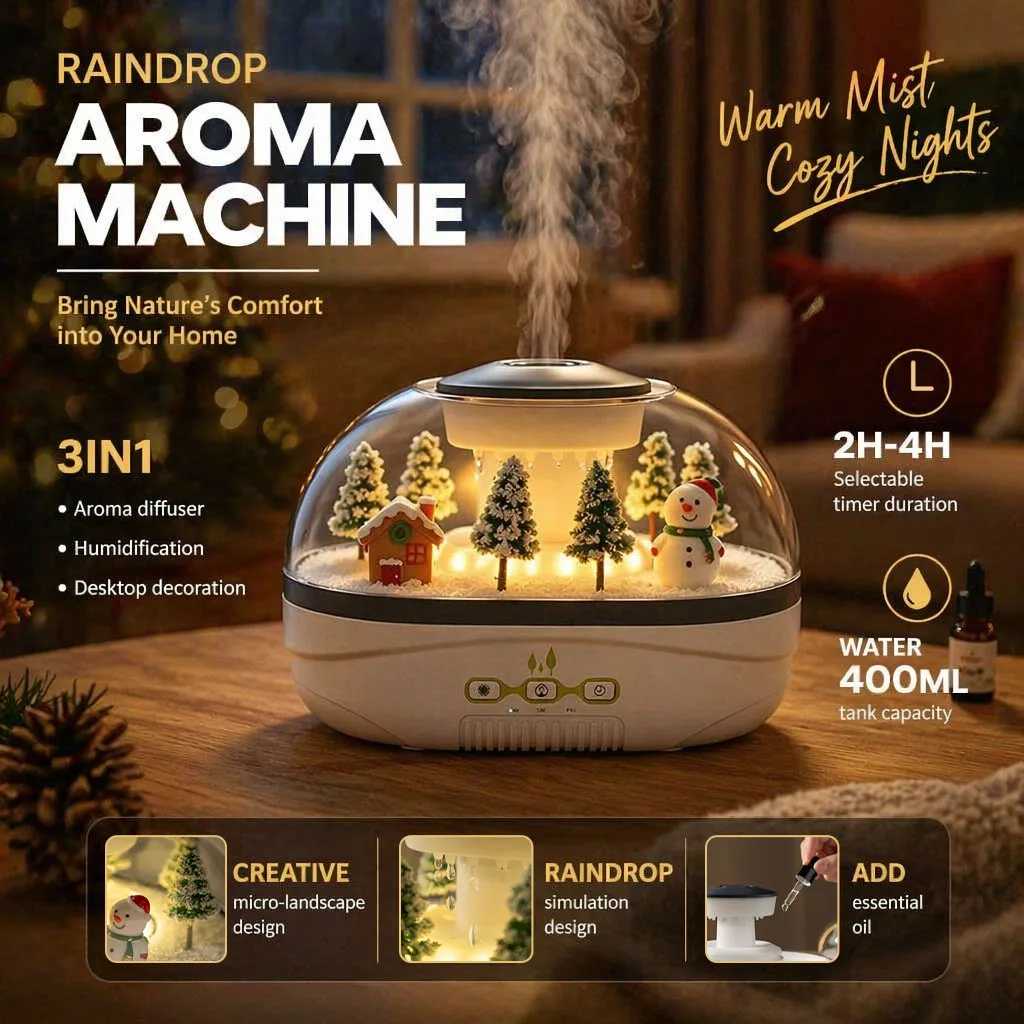 Christmas Style Mini Air Humidifier, 400ml, 2H/4H Timer, Warm Light, Aroma Diffuser, Quiet Raindrop Mist for Desk Decor