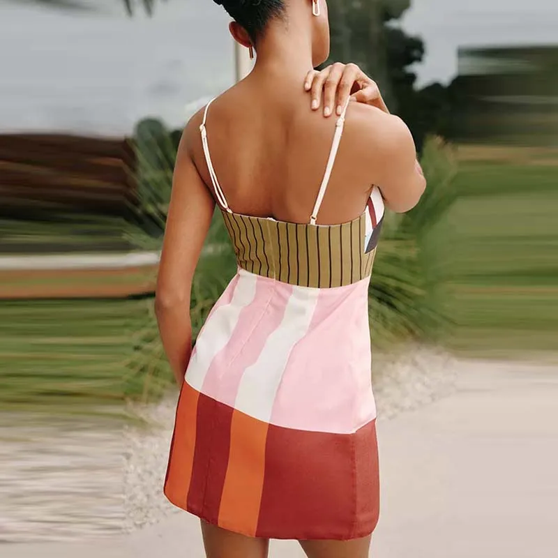 Lazer sem costas magro festa envoltório quadris vestido feminino novo sem mangas bohe vestido elegante contraste cor impresso suspender mini vestido