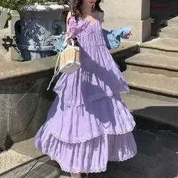 Summer Women Comfortable Beach Long Dress Lady Cutecore Off Shoulder Baggy Ruched Dress Female Sweet Lace Holiday Cake Dress