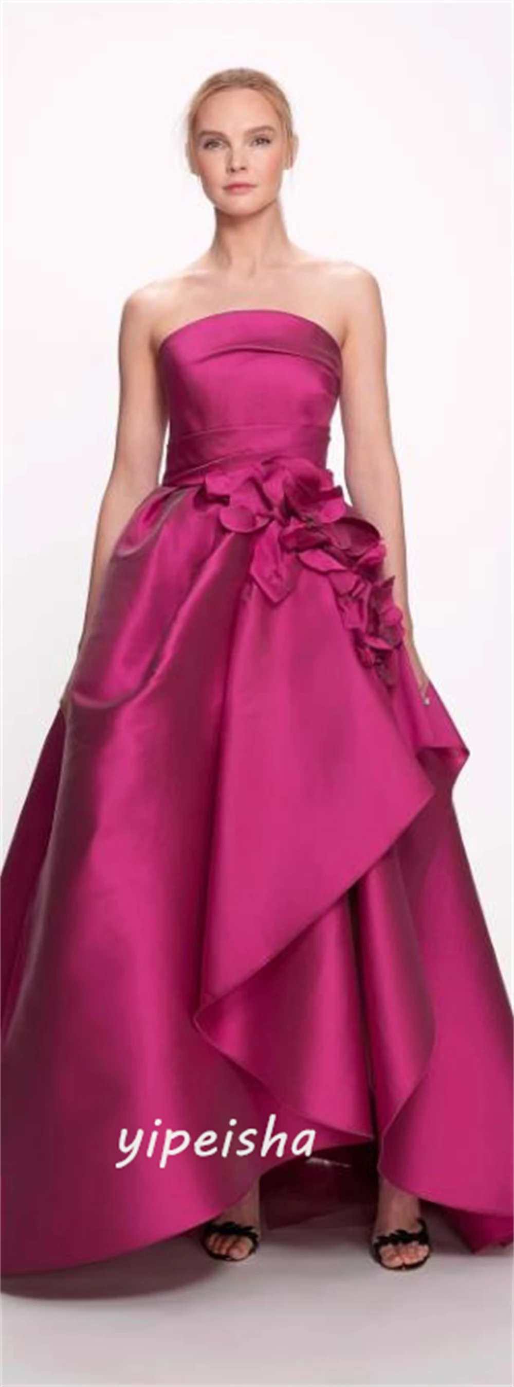 Prom Dress Saudi Arabia   Satin Flower Draped Evening A-line Off-the-shoulder Bespoke Occasion  Floor-Length