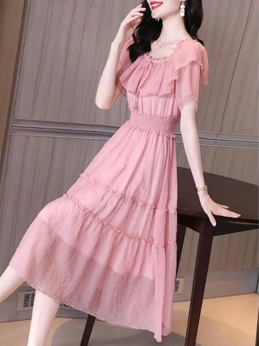 Estate New Sle Pure Color Confortevole Chiffon Dr Dimagrante Bell Sve Vita Cinched Faionable Casual Ladies Dr