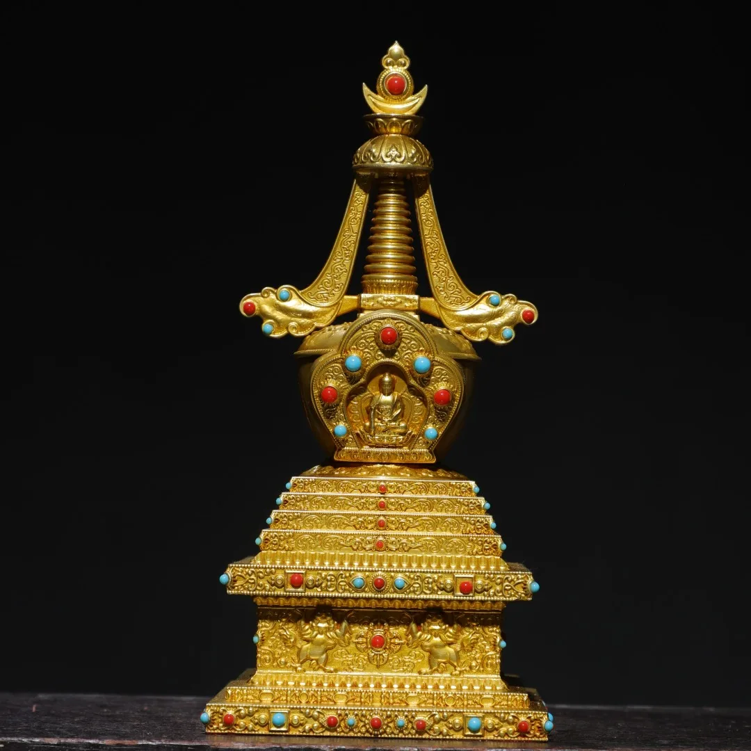 

9"Tibetan Temple Collection Old Bronze Gilded Cinnabar Mosaic Gem Shakyamuni Buddha Pagoda Stupa Worship Hall Town house