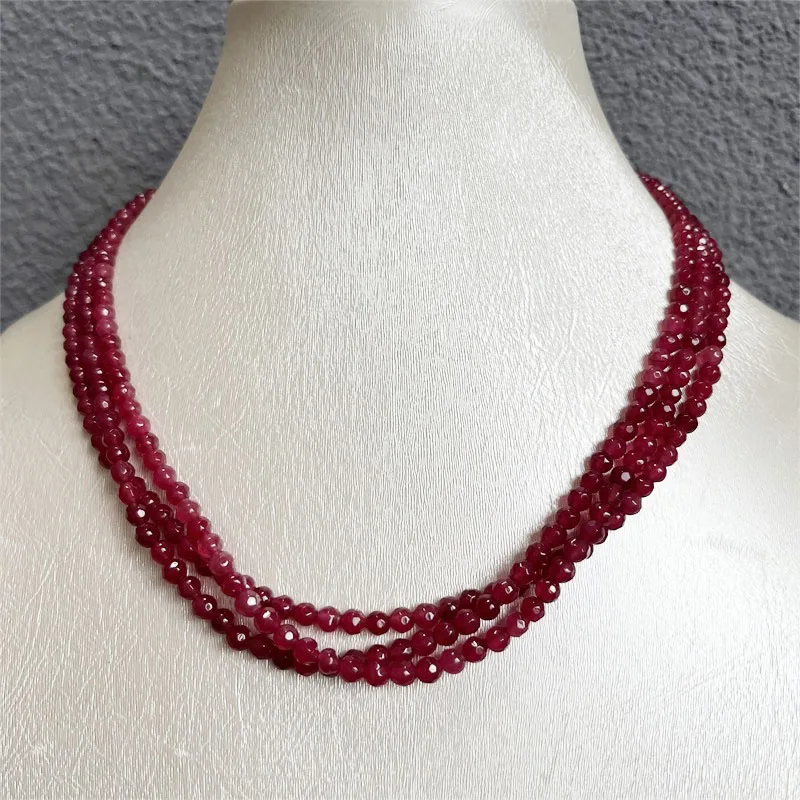 4*4MM Faceted Round Red Ruby Jade Necklace 1/3/6Strands Adjustable Multilayer Bead Chain Choker for Prom Gift