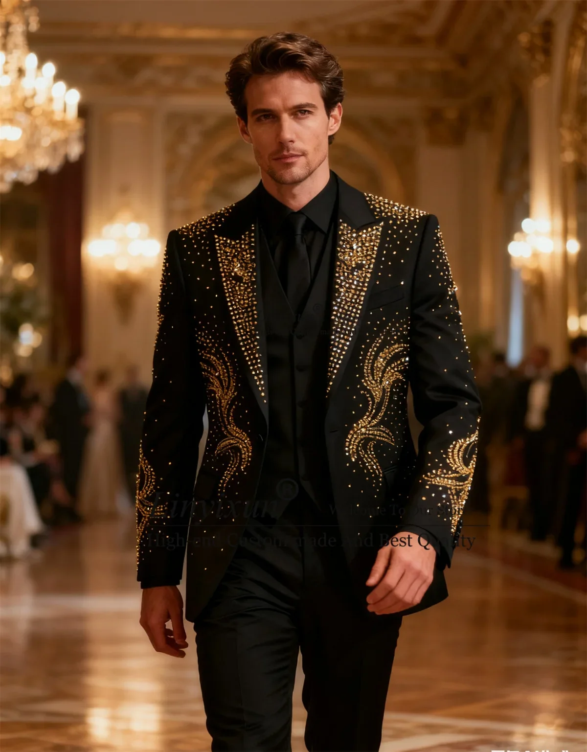 

Блестящие ювелирные украшения, мужские костюмы, комплекты из 3 предметов, смокинги для свадебной вечеринки, индивидуальный тонкий пиджак с остроконечными лацканами для жениха, Ropa Hombre