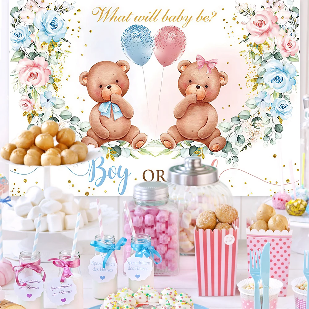 

Boy Or Girl Backdrop Gender Reveal Newborn Photography Backdrop Bear Balloon Photo Background Baby Shower Party Decorations