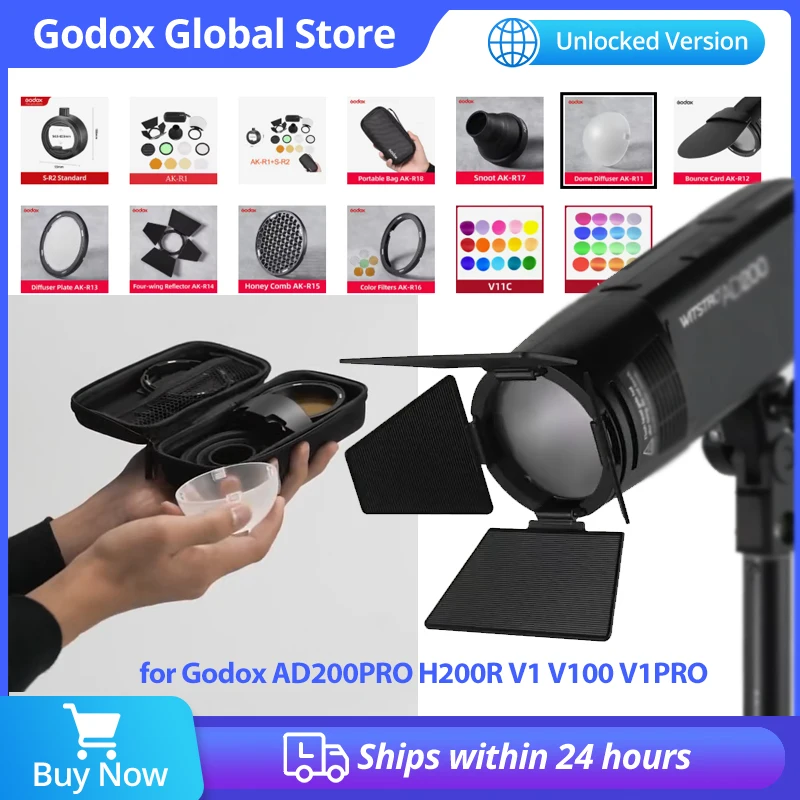 Kits de accesorios Godox AK-R1 S-R2: Puertas de cobertizo, Snoot, Filtro de color, Reflector, Panal de abejas, Esfera difusora para cabezales de flash Godox AD200 H200R V1