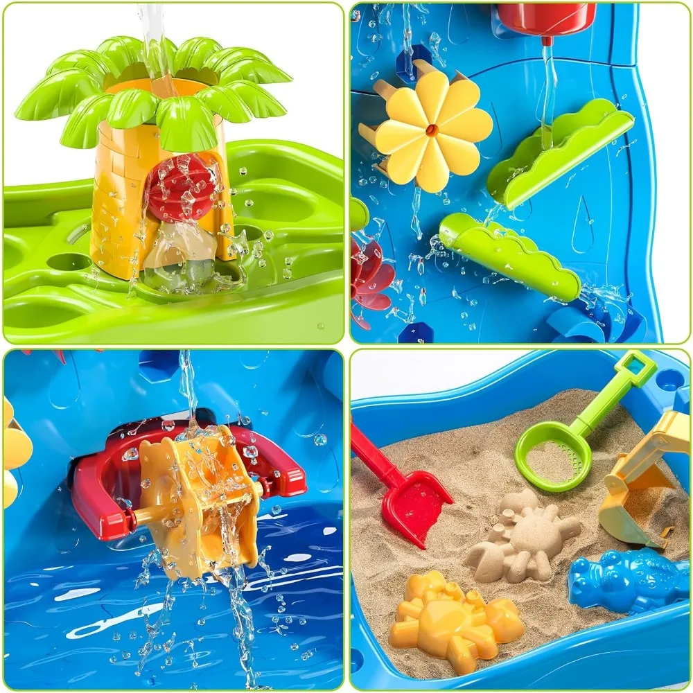 TEMI Kids Waterfall Water Table dla maluchów w wieku 3 4 5 6 7 8 lat, dwustronny stół z piaskiem wodnym dla chłopców i dziewczynek, na zewnątrz