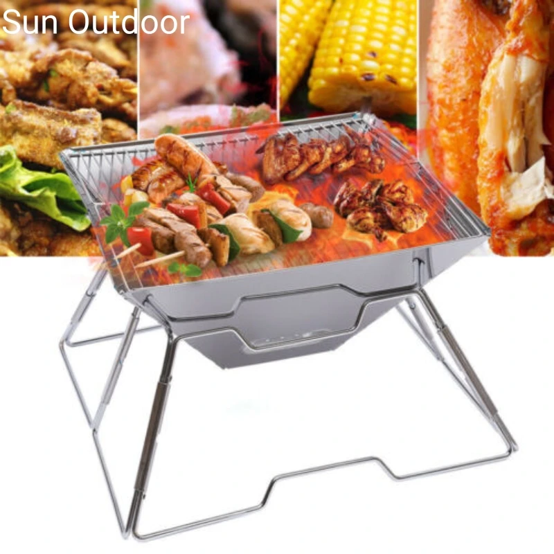 Folding BBQ Grill Stainless Steel Outdoor Stove Multifunctional Portable Wood Stove Burning Table BBQ Net Camping Picnic Tools