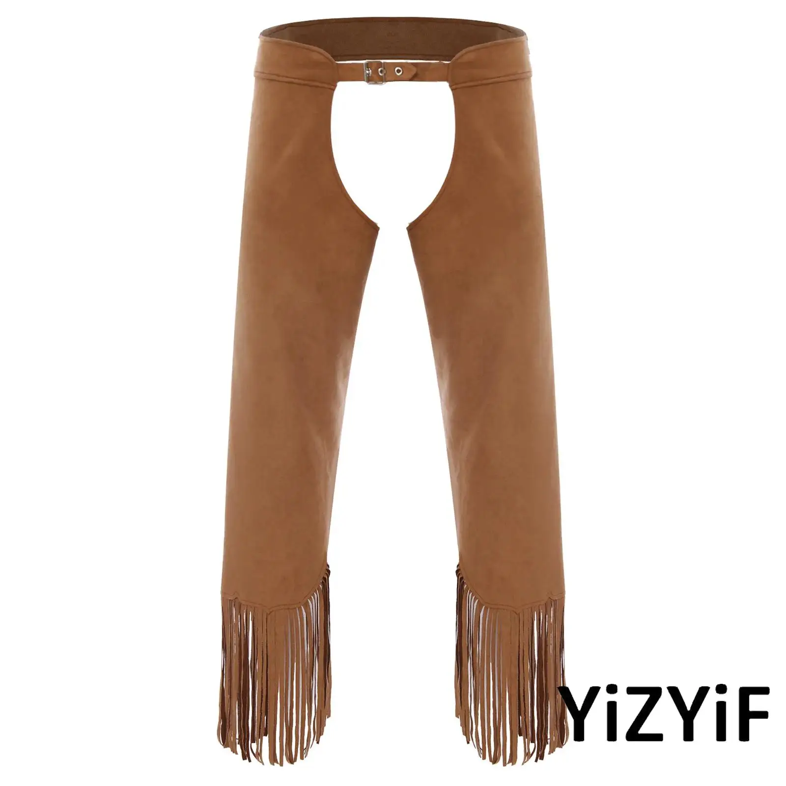 

Womens Carnival Vintage Cowgirl Chaps Adjustable Buckles Open Crotch Split Fringe Suede Pants for Halloween Theme Party Cosplay
