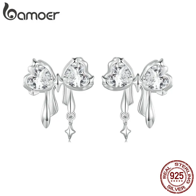 BAMOER-Boucles d'oreilles nœud papillon en argent regardé 925 pour femme, clous d'oreille extron, Saint Valentin, bijoux cadeau pour elle