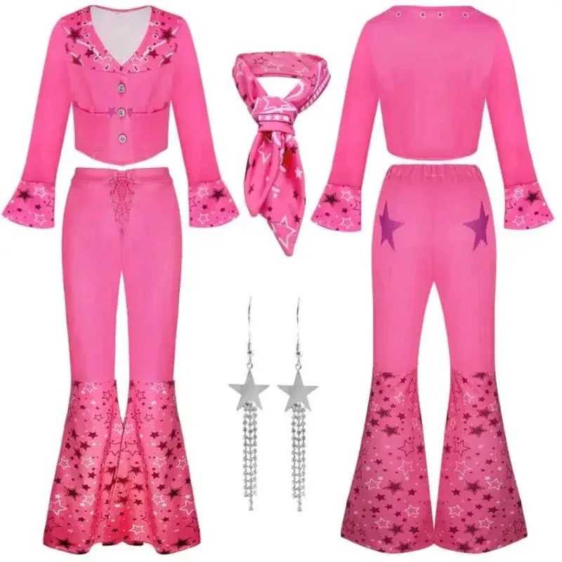 

Movie Princess Margot Robbie Cosplay Costume 70s 80s Hippie Disco Cowgirl Outfit Vest Flare Pants for Women Kids Halloween Party