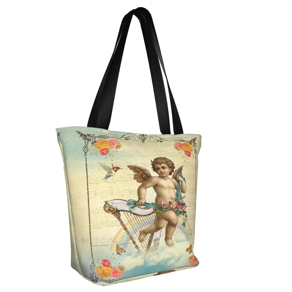 Victorian Angel Vintage Rose Groceries Tote Shopping Bag Women Funny Canvas Shoulder Shopper Bag Large Capacity Handbag