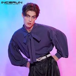 INCERUN Men Casual Shirt Solid Color Lapel Puff Long Sleeve With Tie Camisa Masculina 2023 Streetwear Loose Fashion Shirts S-5XL