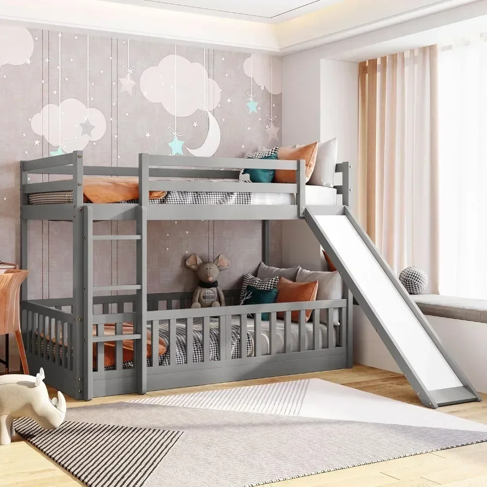 Bunk Beds, Twin Over Twin Low Bunk Bed for Kids, Ladder and Slide Can Be Interchanged or Remove Bunk Beds