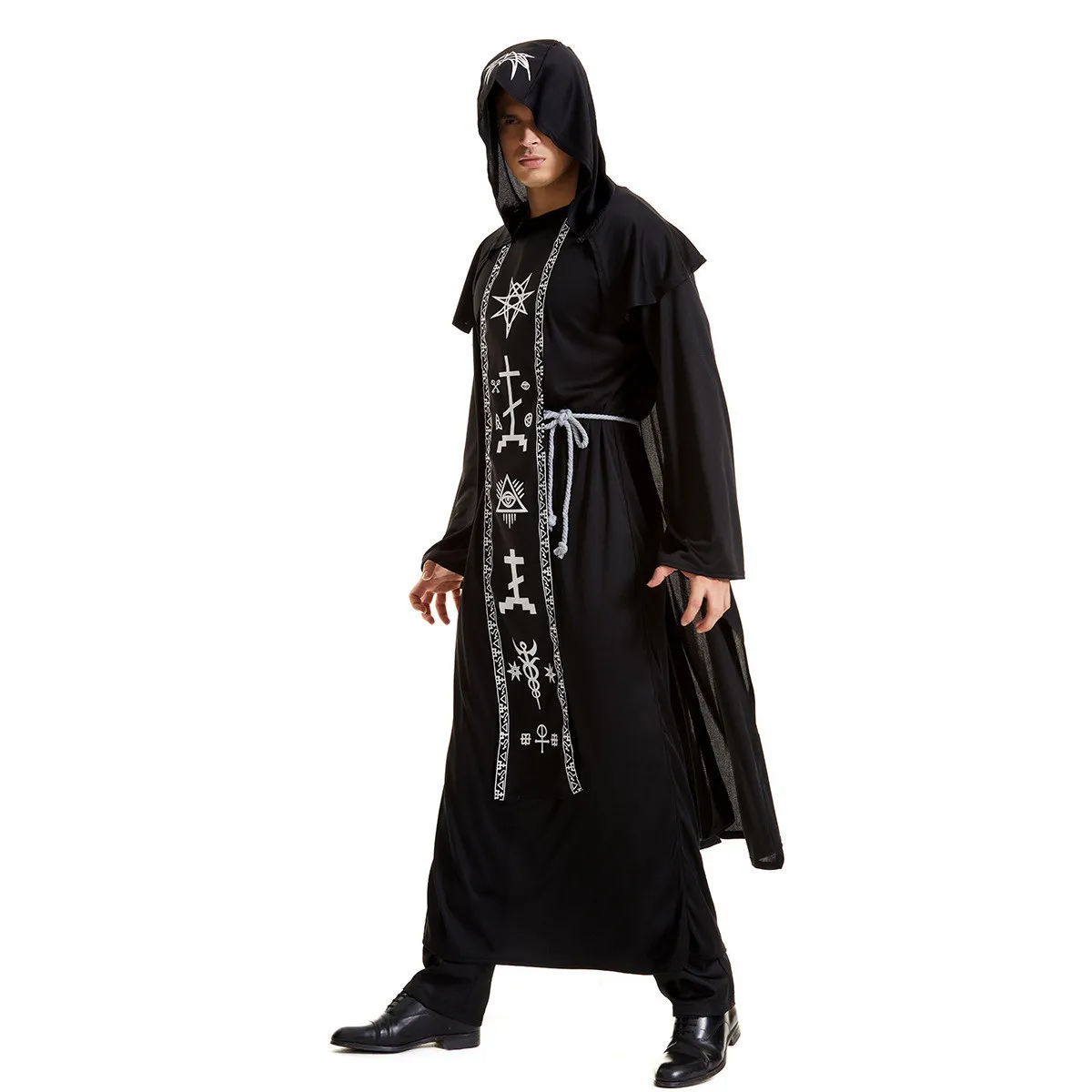 Costume da mago k da uomo nuovo Misterioso abito magico loween Mago medievale Mantello con cappuccio plus Size Abbigliamento per spettacoli teatrali