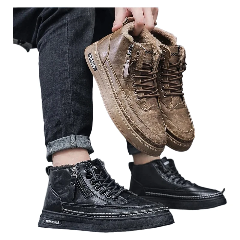 

Winter fleece boots men high-top shoes 2025 Men's trend versatile leather casual platform thermal cotton shoe