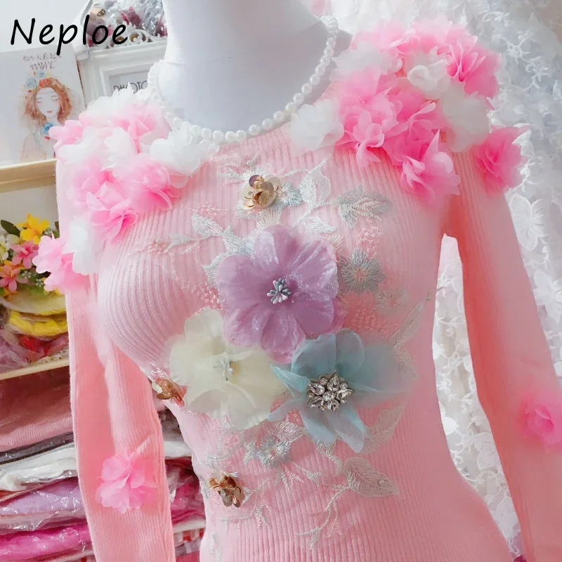 Neploe Vintage Jersey Mujer Sweater Y2k O Neck Solid Color Long Sleeve Pull Femme 3D Floral Diamonds Lace Patchwork Jumpers