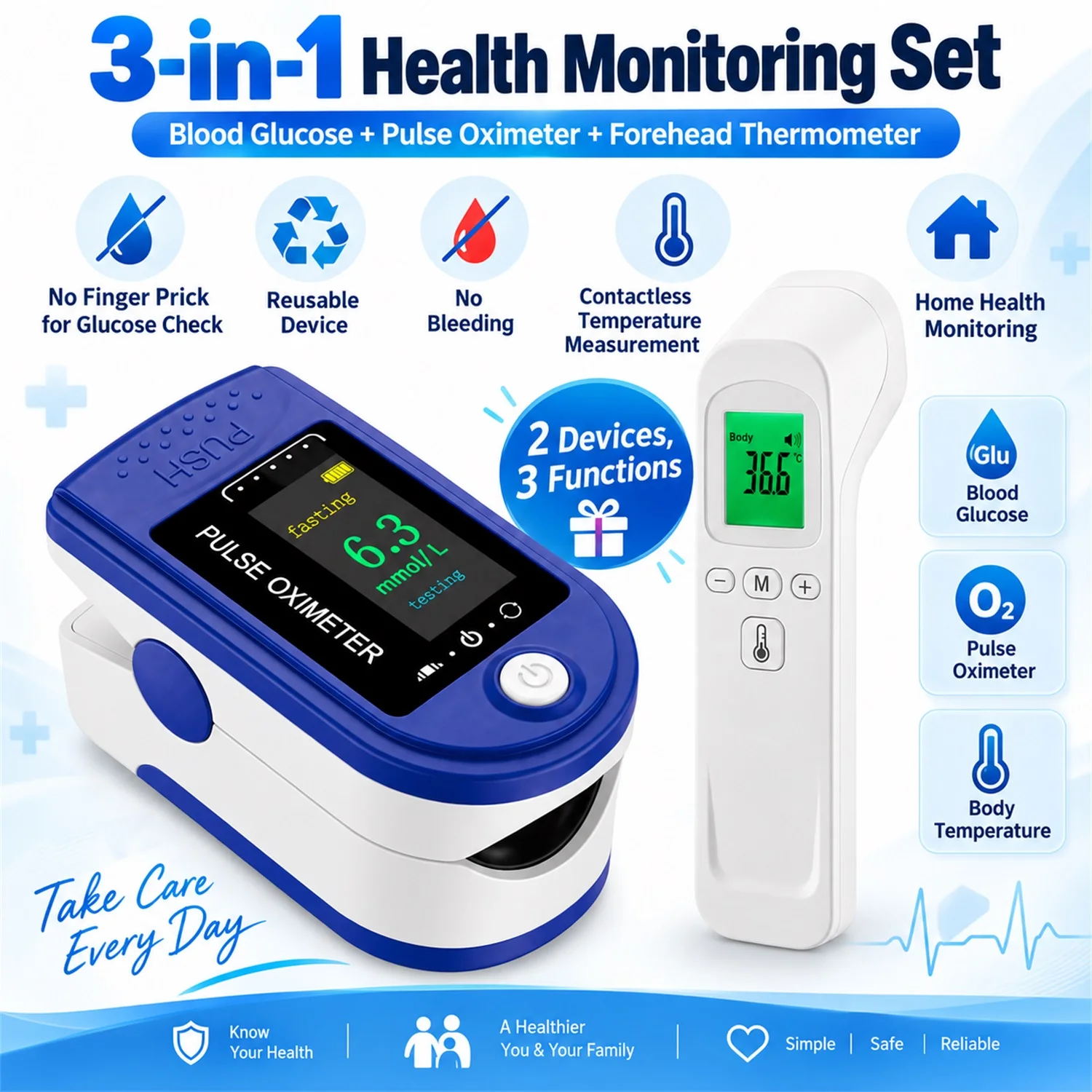 Finger Pulse Oximeter Blood Glucose Detector Non-contact Infrared Forehead Thermometer Digital Temperature Meter for Adults Kids