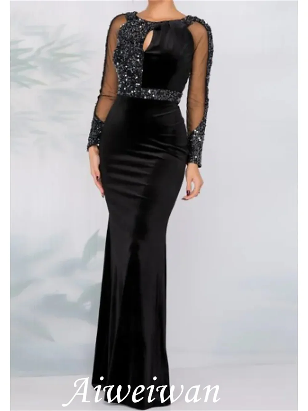 

Sheath / Column Sparkle Wedding Guest Formal Evening Dress Jewel Neck Long Sleeve Floor Length Velvet with Crystals Sequin