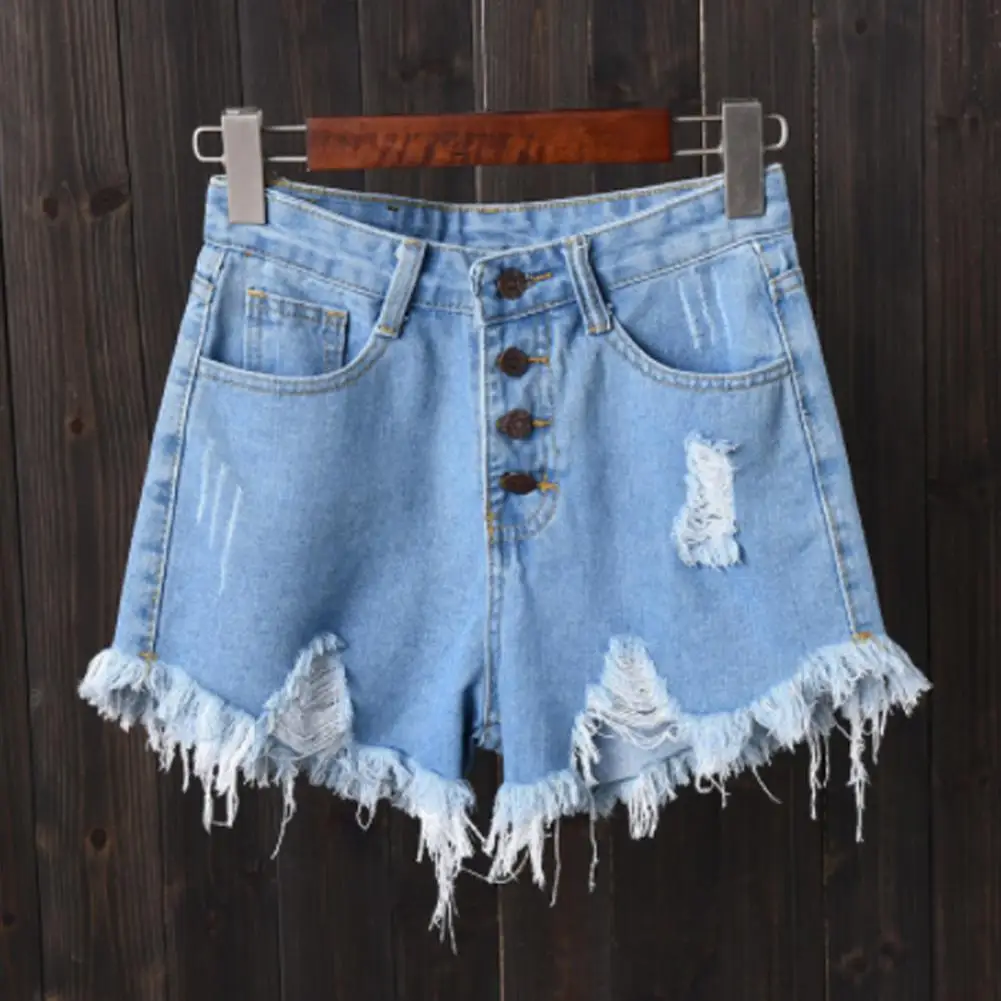 

Denim Shorts Ladies Tattered Style Shorts Women Button Placket Oblique Hem Shorts Street Wear