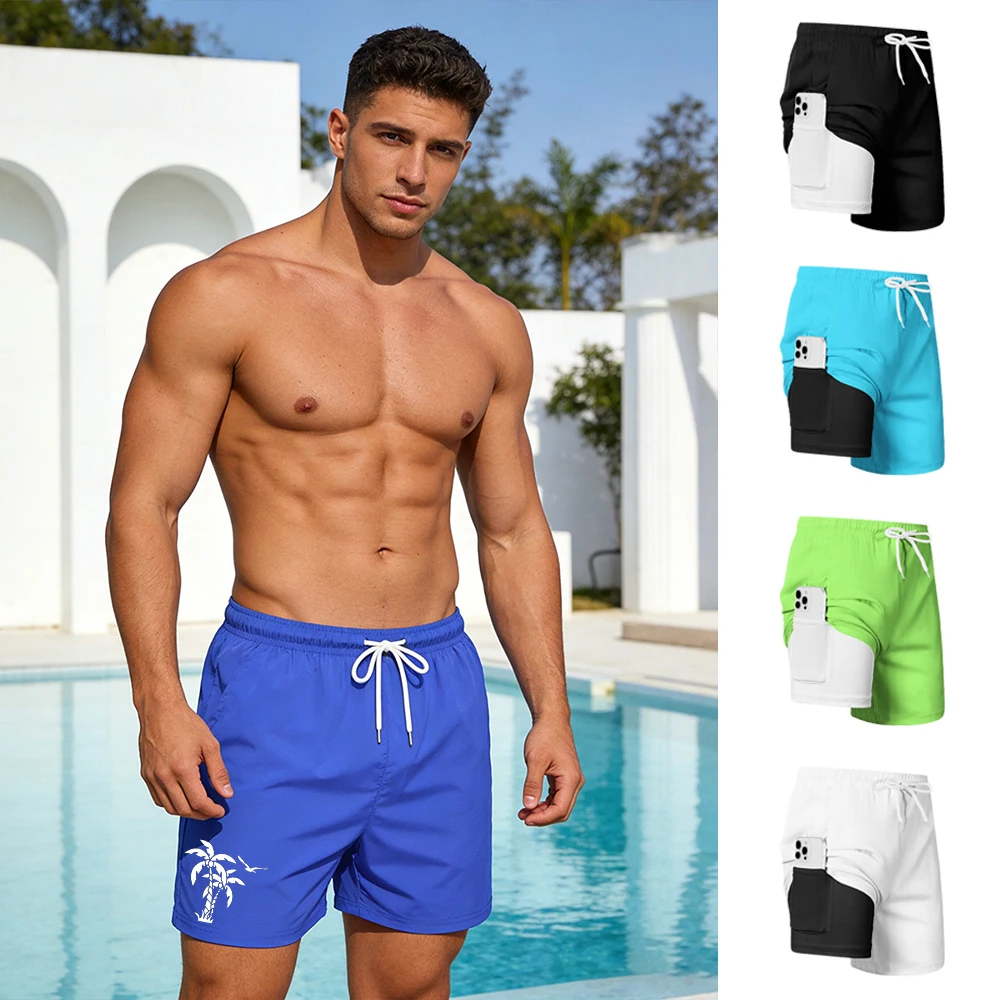 

Мужские пляжные шорты с принтом кокосовых пальм, летние повседневные спортивные шорты для фитнеса, бега и тренировок на открытом воздухе, двухслойные спортивные шорты с карманами