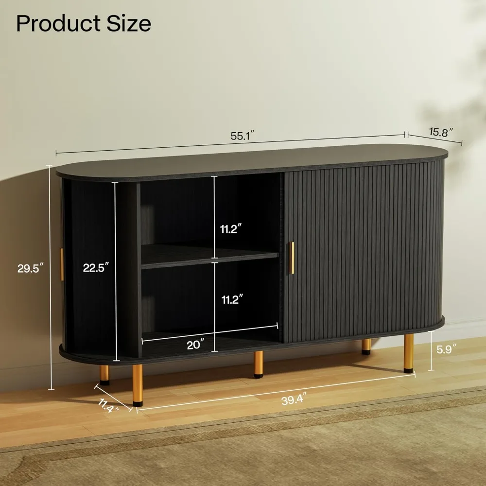 収納付きサイドボードビュッフェキャビネット、タンブールスライドドアと調節可能な棚付き、アクセントコーヒーバーコンソールテーブル
