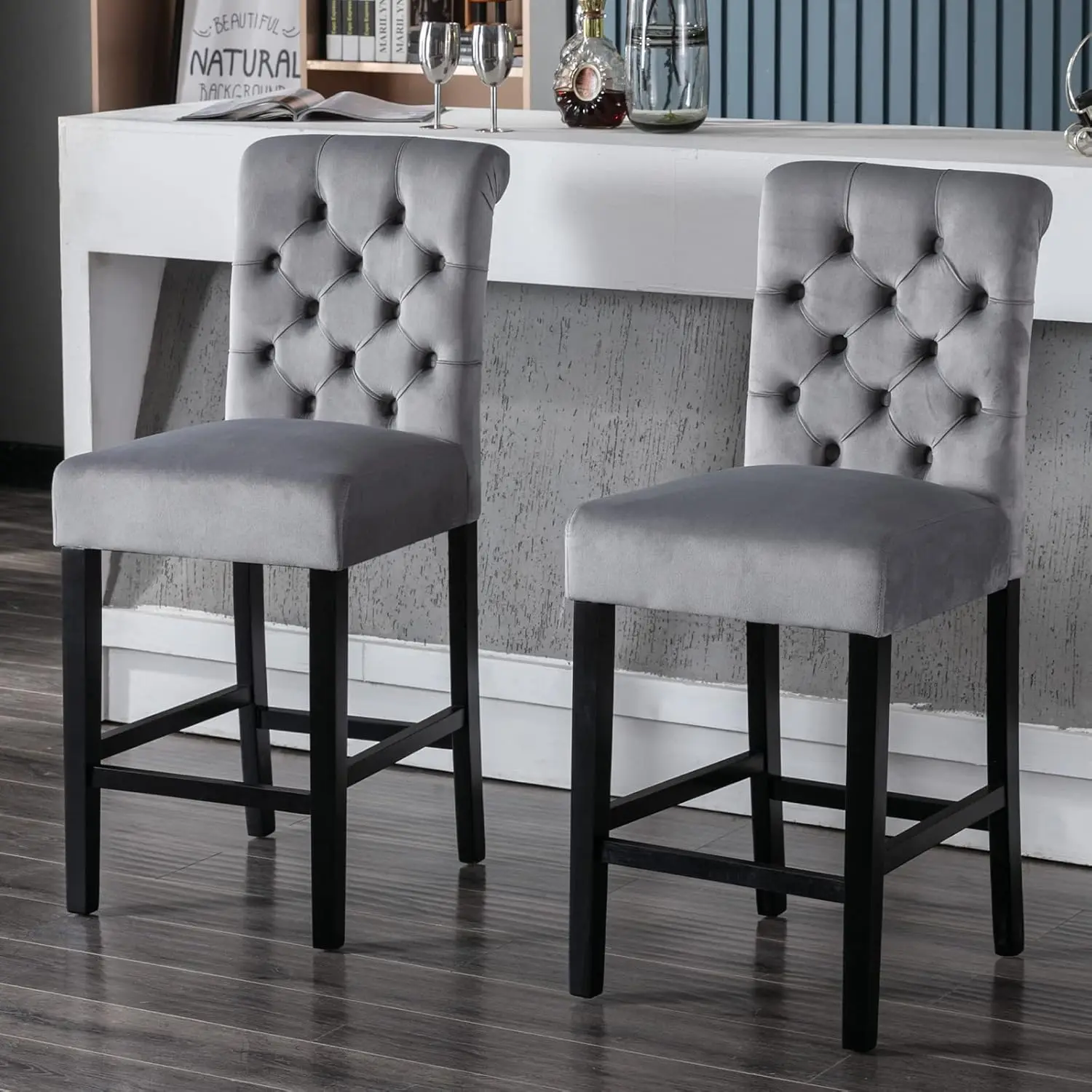 Janoray Velvet Counter Height Bar Stools Set Of 2 Button Tufted Counter Stool With Black Solid Wood Legs Modern Bar Chairs For