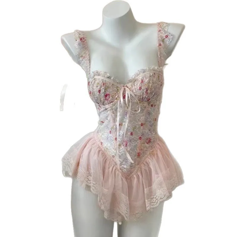 

2026 Hot Selling Sexy Floral Print Sweet with Chest Cushion Gathering Slim Fit Vest Women