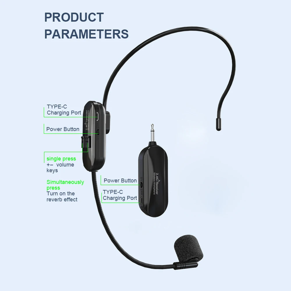 Wireless 2.4G Headworn Microphones Teacher Speaker Audio Amplifiers Capacitor Earphones DSP Omnidirectional Teaching