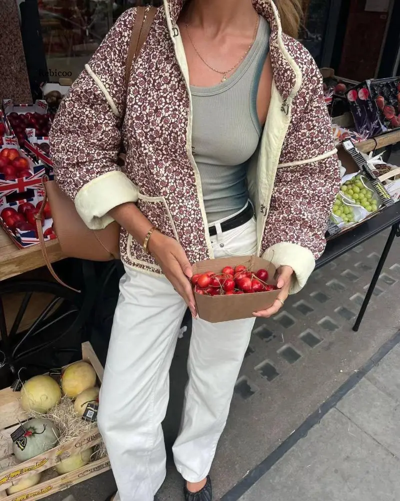 Jaqueta de algodão estampado em flores de manga comprida feminina, chique de rua alta, cardigã curto, moda vintage, outono, 2023