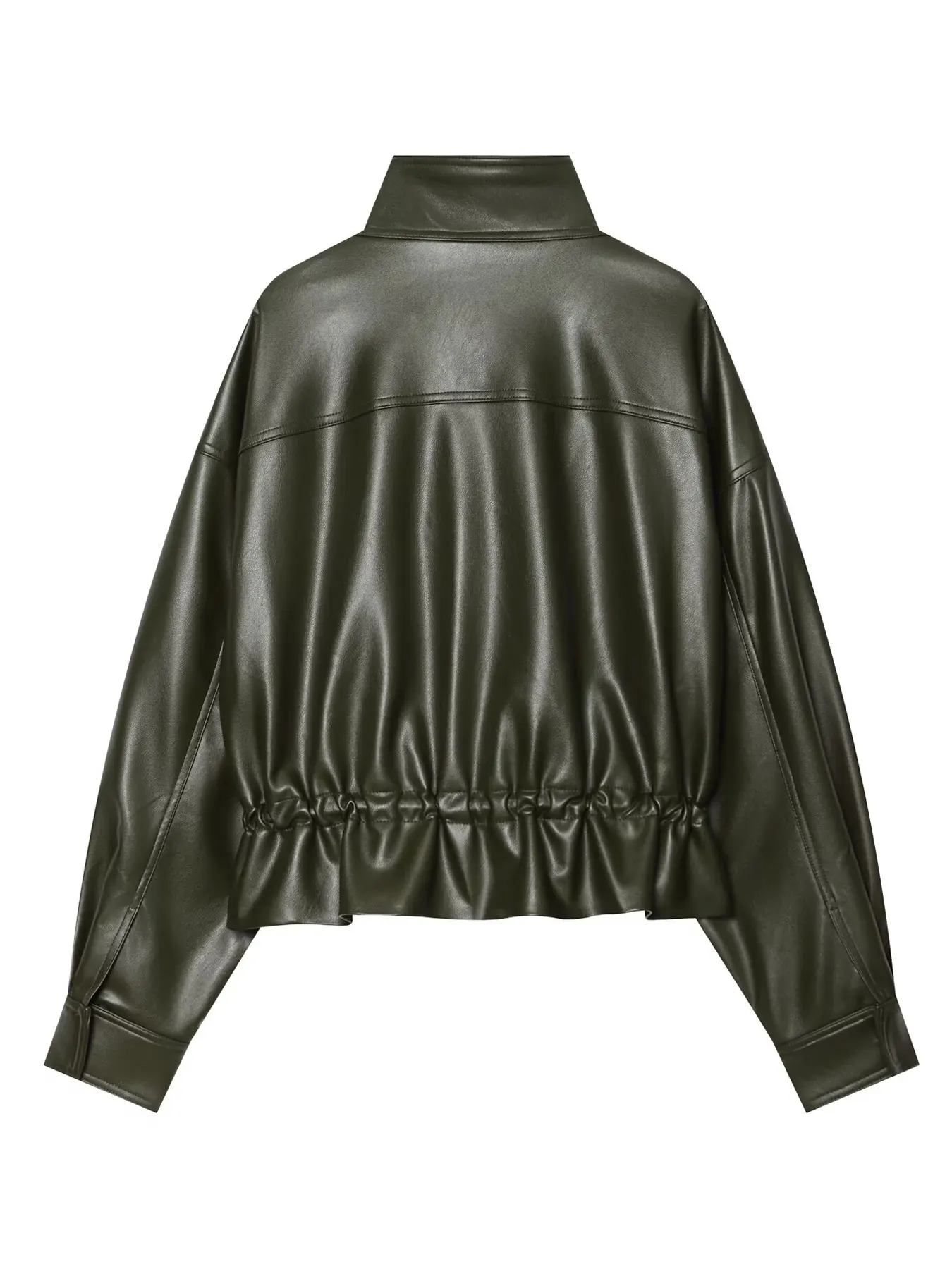 HH Ladies Vintage Party Elastic Waist Coat Pocket Long Sleeve Stand Collar Outerwear Zipper Casual Autumn Faux Leather Jacket