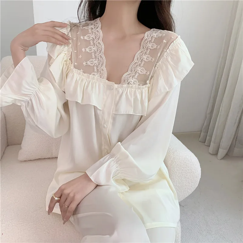 Pajamas Women Spring Long Sleeve Pijamas Suit Sleepwear Sweet Pink Nightwear 2PCS Shirt&Pant Casual Silk Satin Home Clothes