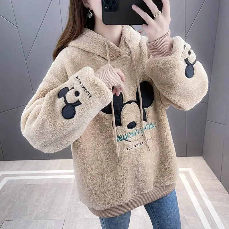 2024 Disney Mickey Mouse Print Sweatshirt Thick Plush Lining Woman Hoodie Loose Korean Fashion All-match Oversized Kawaii