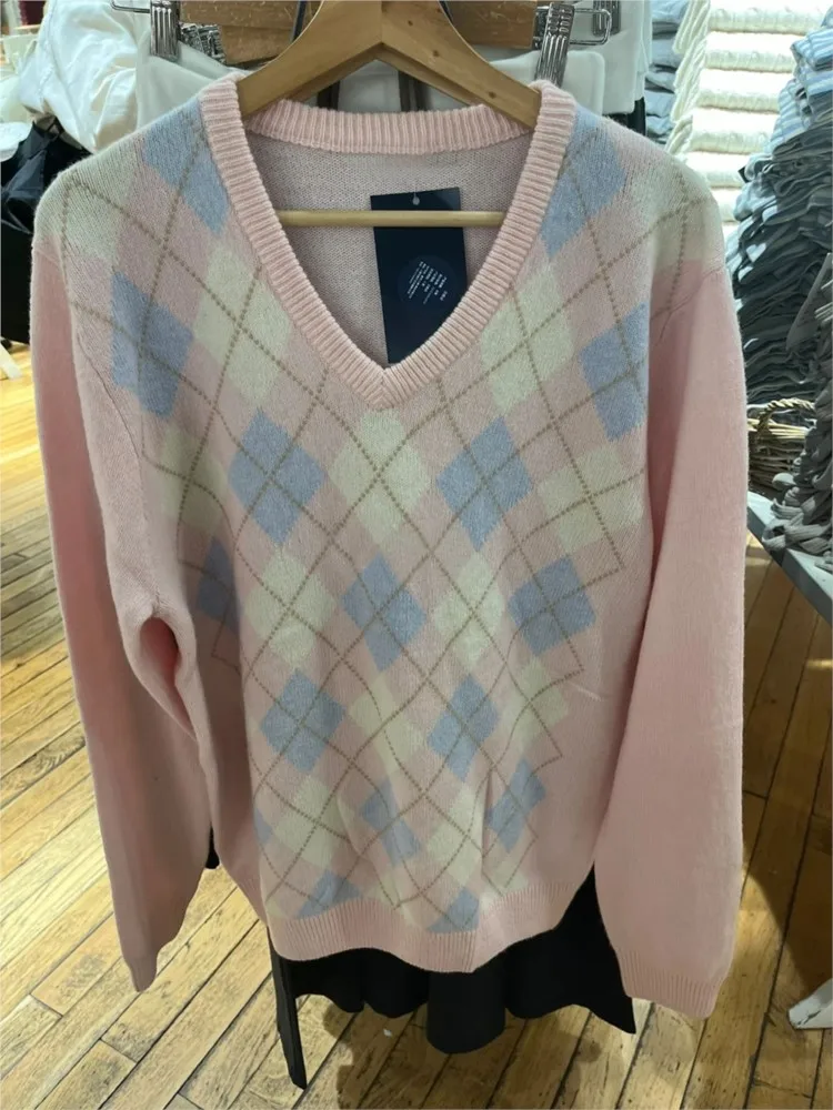 

Autumn Pink Argyle Knitted Sweater Woman Casual V-neck Long Sleeve Cotton Jumper Top Sweet Cute Preppy Style Pullover Y2k Tops