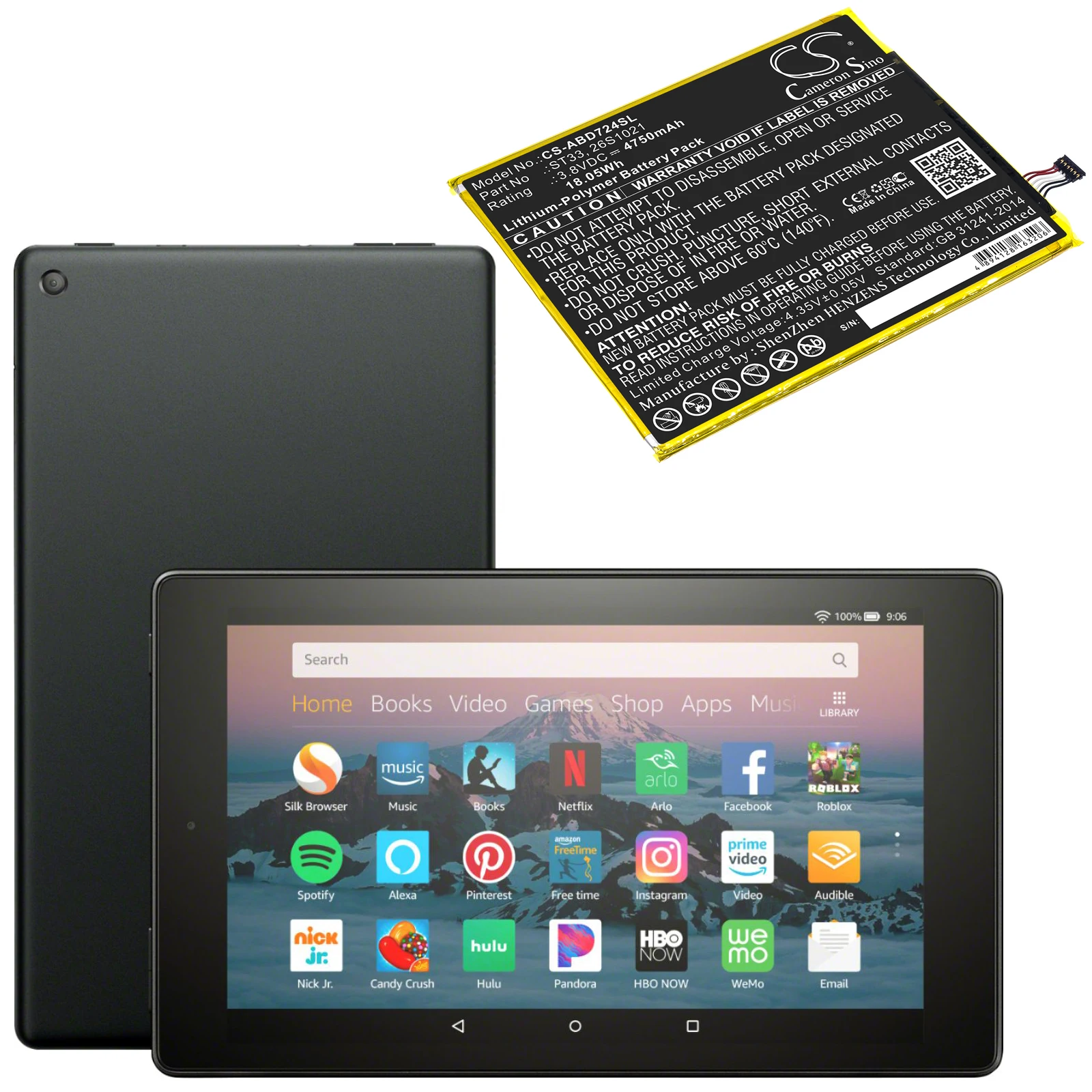 

Tablet Battery For 26S1021 58-000303 58-000313 ST33 Kindle Fire HD 8th K72LL3 K72LL4 Volts 3.8 Capacity 4750mAh