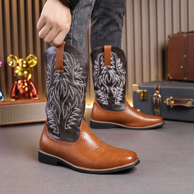 Classic Cowboy Boots Men PU Mixed Color Patch Embroidery Comfortable Western Outdoor Boots Large Size 38-48