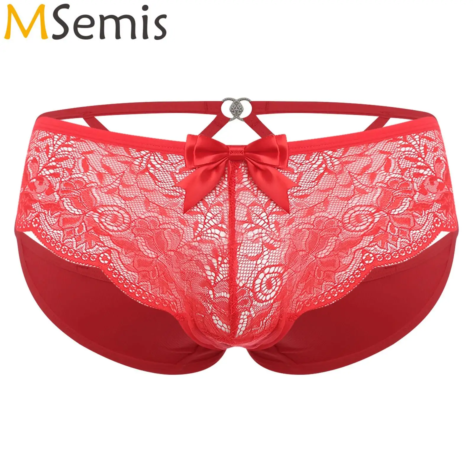 

Mens Lingerie Crossdressing Drag Queen Sissy Underwear Floral Lace Briefs Underpant Opened Crotch Bow Decor Showing Butt Panties