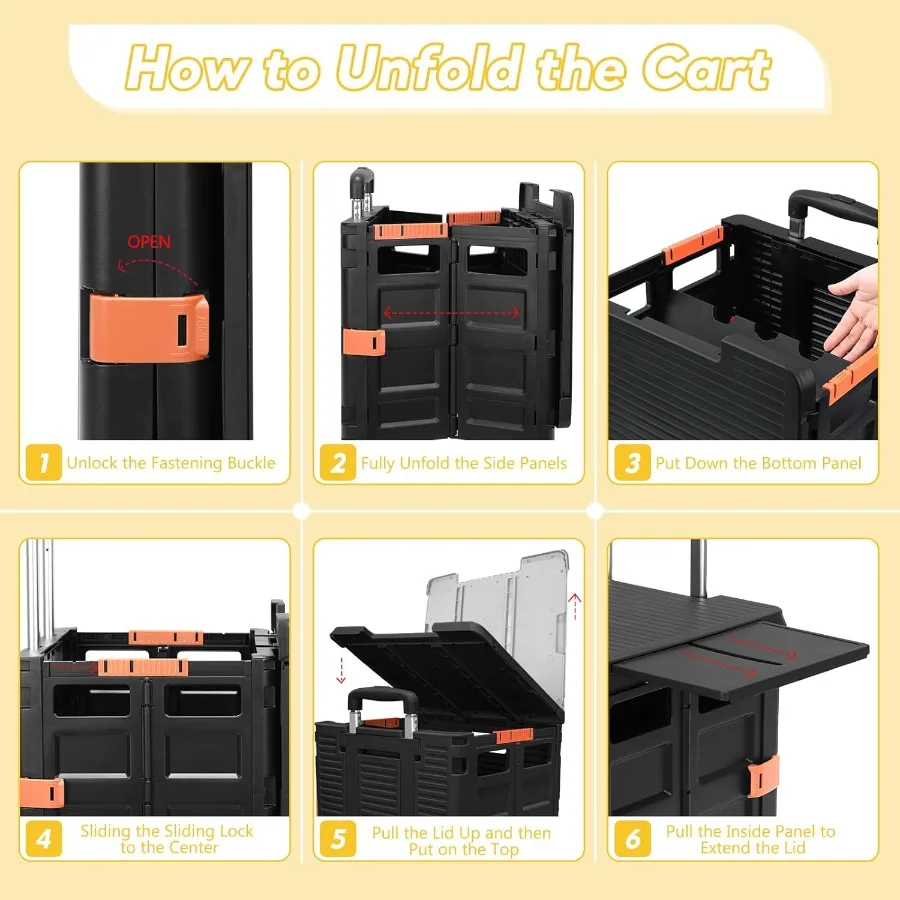 Chariot utilitaire pliable, caisse roulante, chariot à main avec roues rotatives et couvercle magnétique étendu, poignée télescopique réglable à Mult
