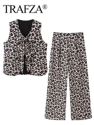 TRAFZA Women Vintage Leopard Print Pant Suit V Neck Lace Up Vest Top Casual Straight Trousers Woman Fashion Y2k High Street Sets