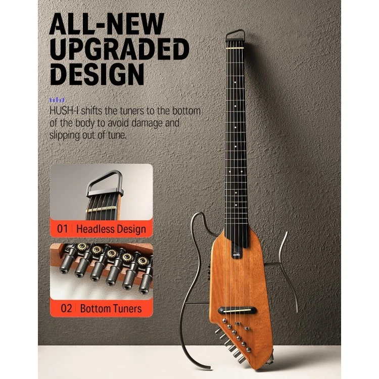 Guitar For Travel - Portable Ultra-Light and Quiet Performance Headless Acoustic-Electric Guitar, Mahogany Body