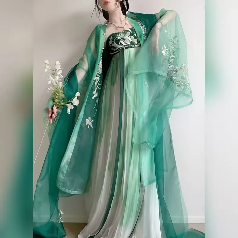 

Tang Dynasty Hanfu Dress Women Chinese Retro Gradient Green Embroidery Hanfu Dress Halloween Carnival Cosplay Costume Party Wear