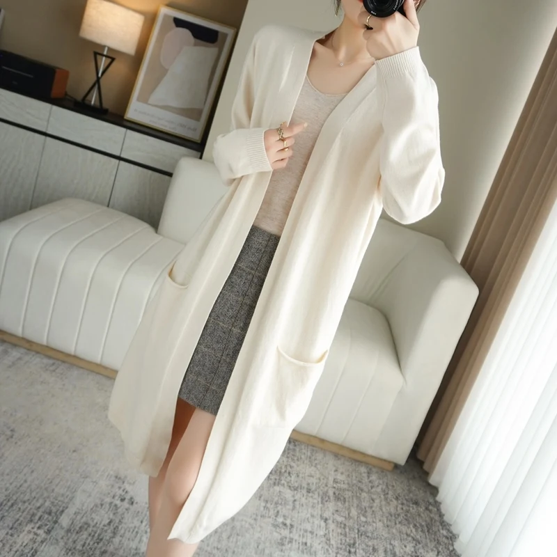 23Autumn Winter New Woolen Sweater Women's Long Sleeve Loose Medium Length Simple Temperament Solid Color Knitted Cardigan Shawl