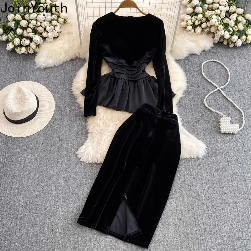 Women Clothing Skirt Sets 2 Piece Suit O-neck Slim Waist Ruffles Tops High Waist Bodycon Skirts Outfits Vintage Velvet Black Set