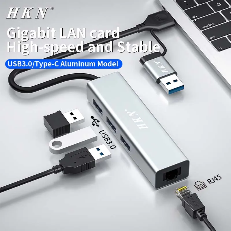 HKN USB 3.0 Type C to RJ45 Ethernet Adapter Network Card 1000Mbps USB 3.0 to Gigabit Cable Converter with PD100W